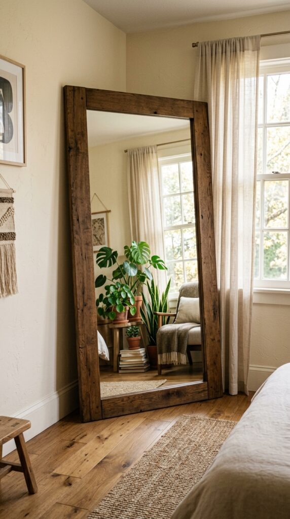 006 a large mirror leaning against a bedroom wall phot