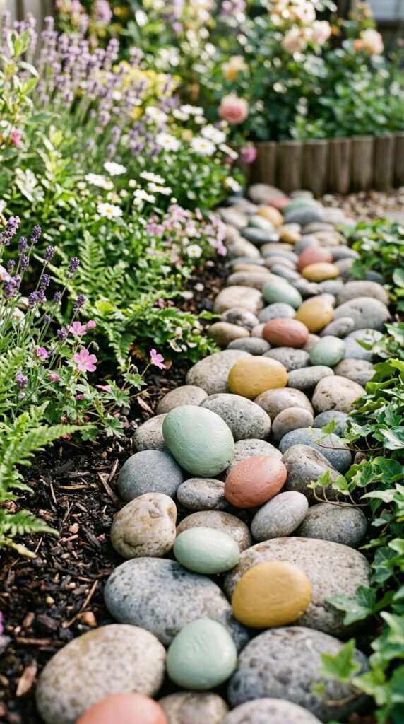 006 a whimsical close up of a flower bed border featur flower bed border with painted 202605202128