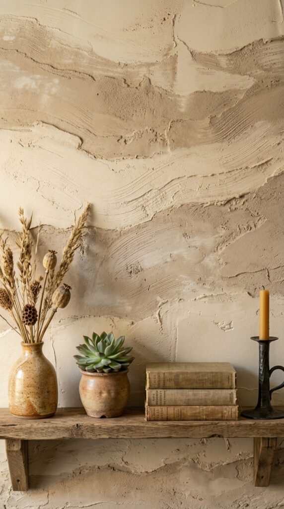 006 close up of a wall with layered plaster texture in plaster texture with wooden shelf 202605210712