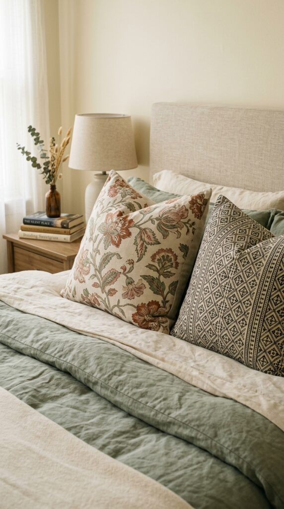 006 image prompt a bed with two patterned pillows one 