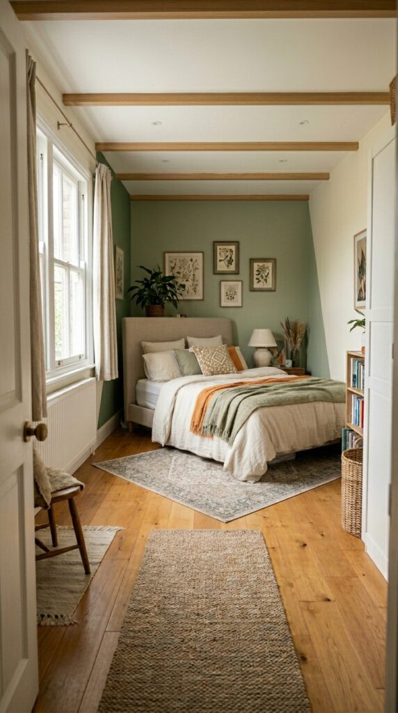 006 image prompt a long narrow bedroom where the bed i