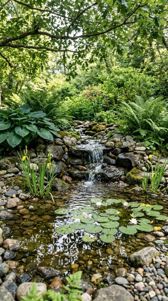 007 a naturalistic backyard water feature with a small backyard waterfall flowing into … 202605200741