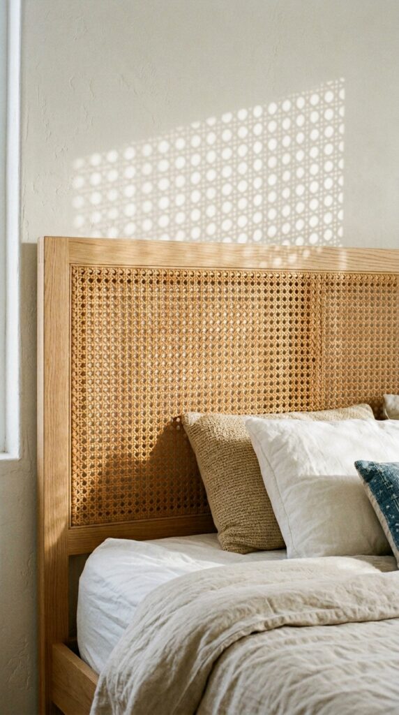 007 image prompt a bed with a cane headboard in natura