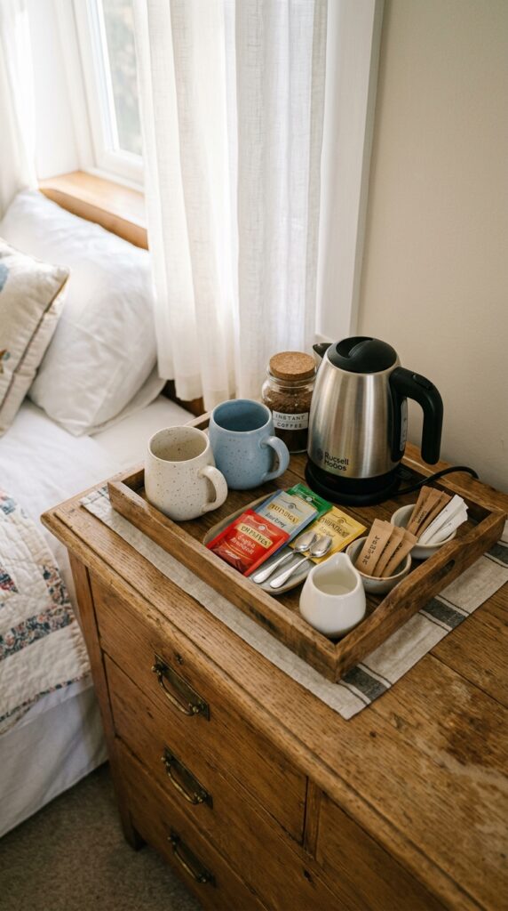 25 Guest Bedroom Ideas That Feel Welcoming And Practical 007 image prompt a small tray on a dresser in a guest