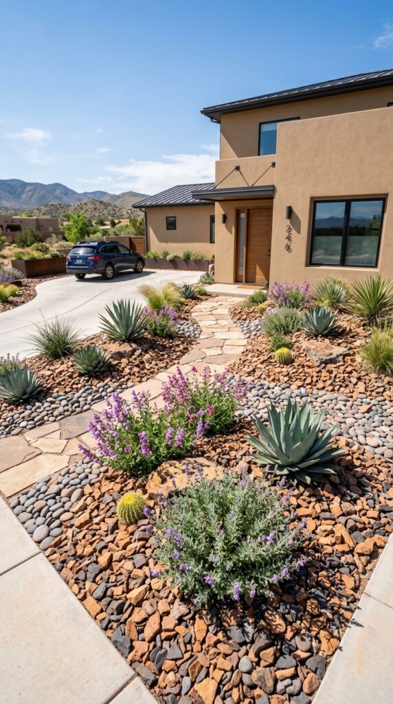 007 wide shot of a beautifully designed xeriscaped fro