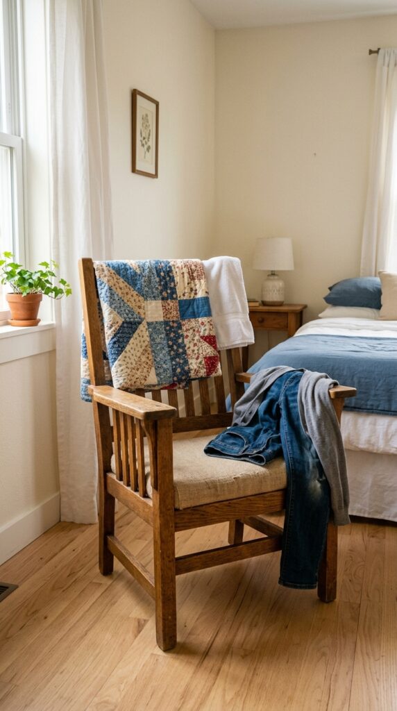 25 Guest Bedroom Ideas That Feel Welcoming And Practical 008 image prompt a simple wooden armchair with a seat