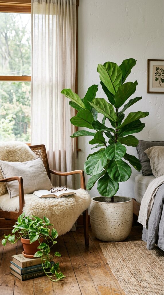 009 a bedroom corner with a tall potted fiddle leaf fi