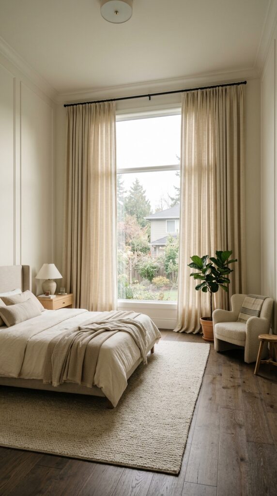 010 a bedroom with floor to ceiling linen curtains pho