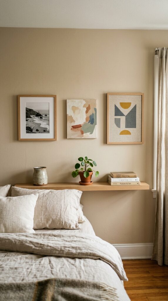 011 a bedroom wall featuring two or three carefully ch