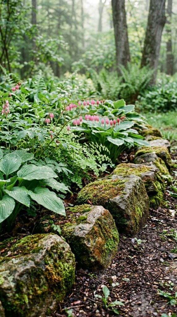 011 a lush dewy close up of a shade garden flower bed flower bed border mossy stones 202605202131