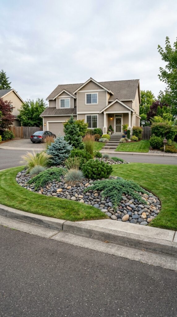 011 a residential front yard berm a gently mounded rai front yard berm with rocks 202605200744