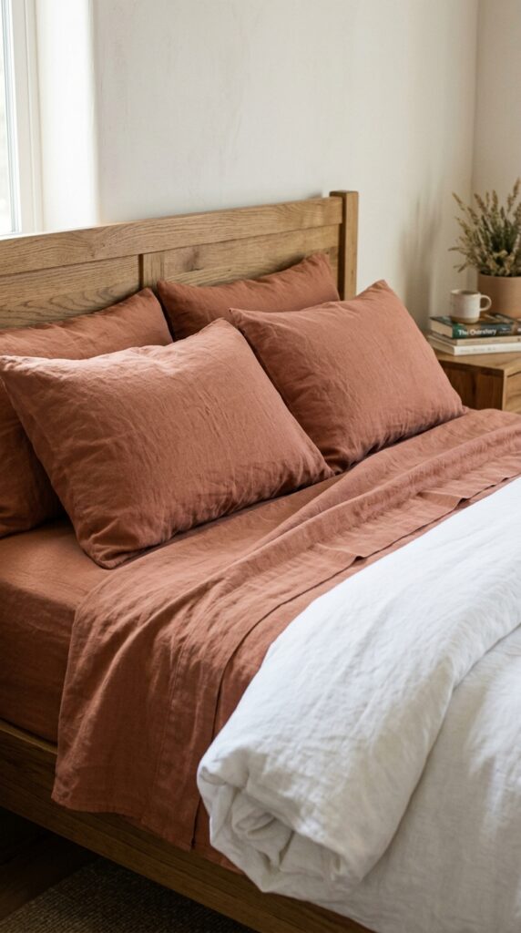 011 image prompt a bed made with sheets in a warm clay