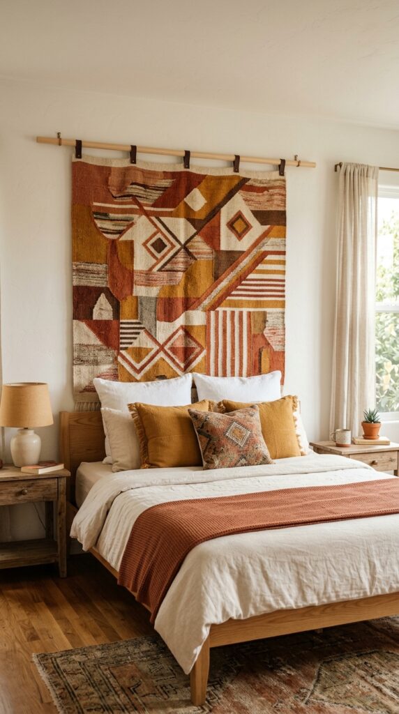 011 image prompt a bed with a large woven tapestry han