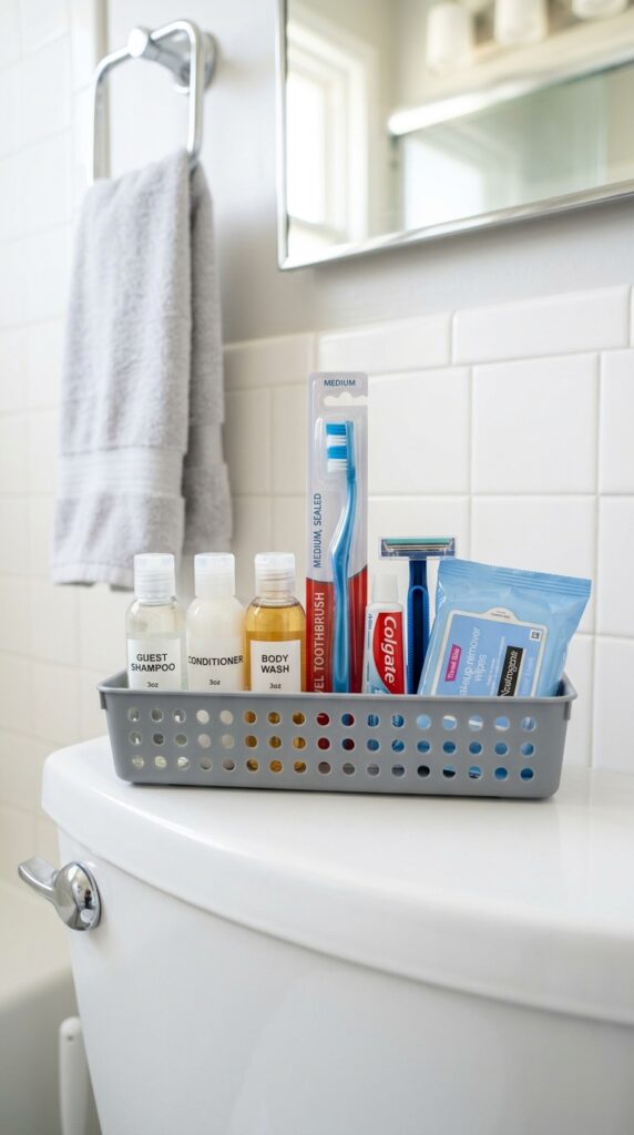 25 Guest Bedroom Ideas That Feel Welcoming And Practical 011 image prompt a small plastic caddy in a guest bath