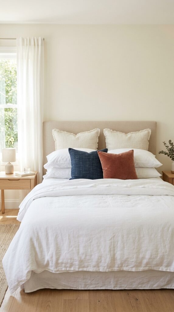 012 a bed styled with a thoughtfully layered pillow ar