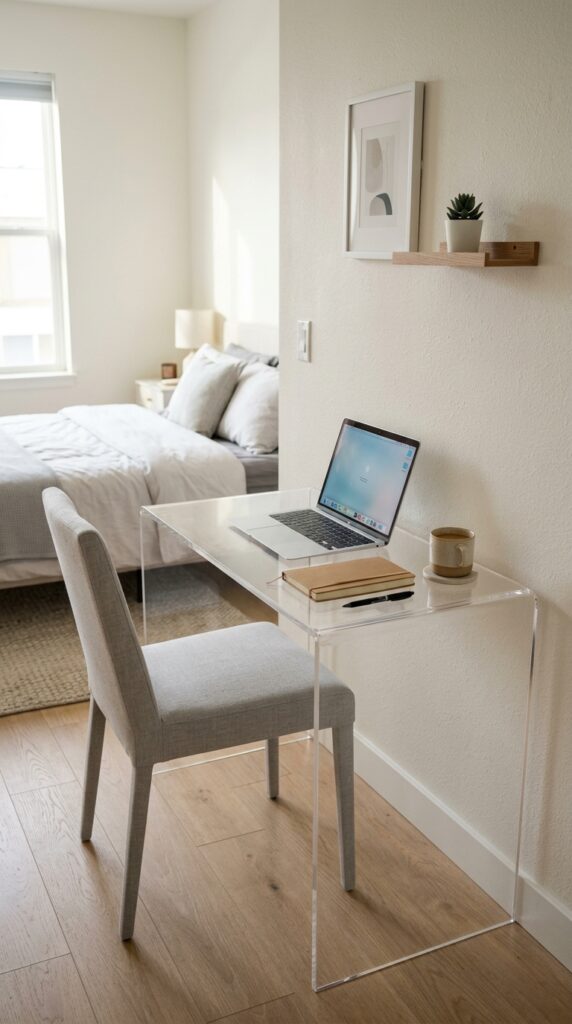 012 image prompt a small clear acrylic desk against a 
