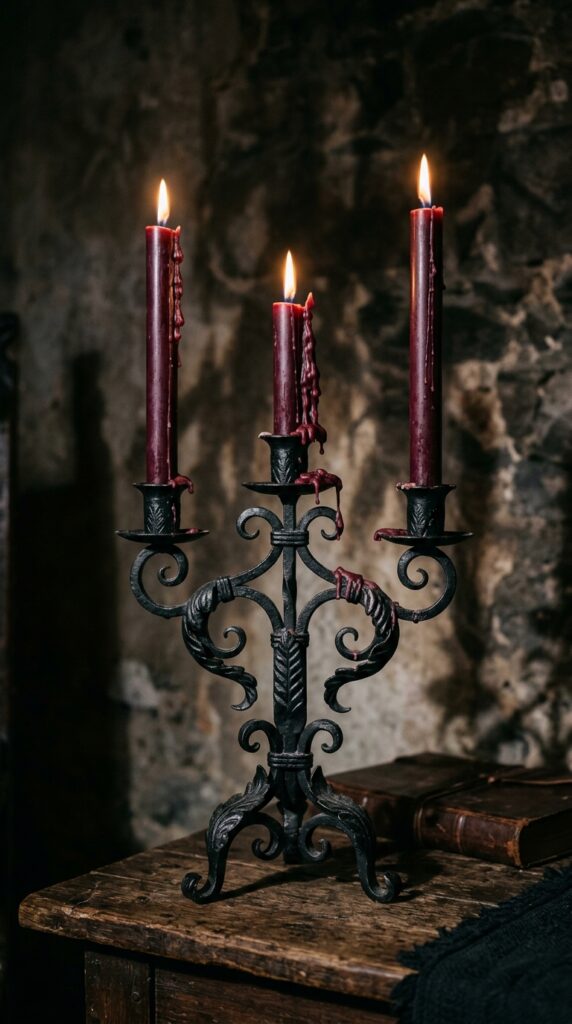 013 image prompt a black iron candelabra holding three