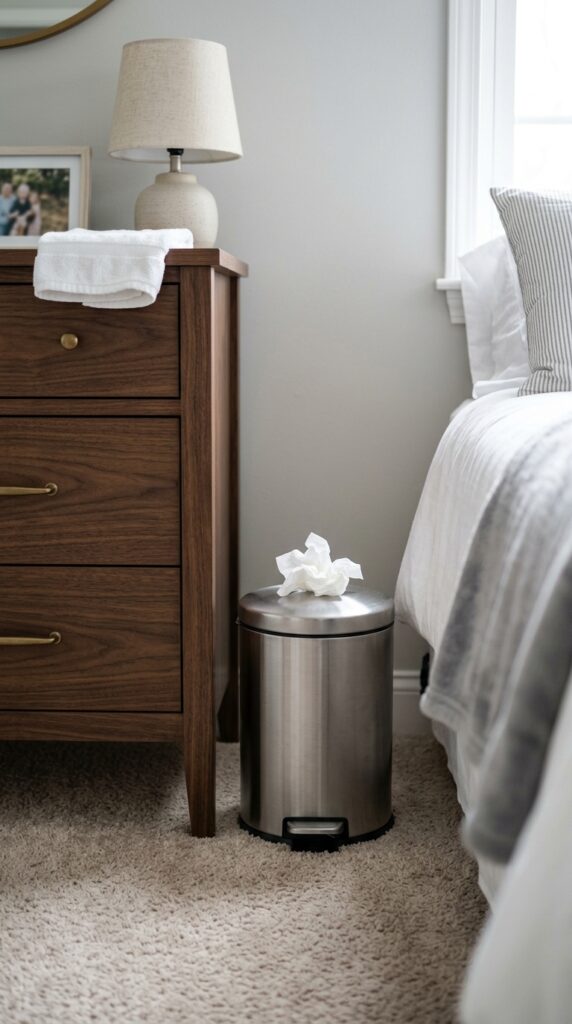 25 Guest Bedroom Ideas That Feel Welcoming And Practical 013 image prompt a small lidded trash can in a guest b