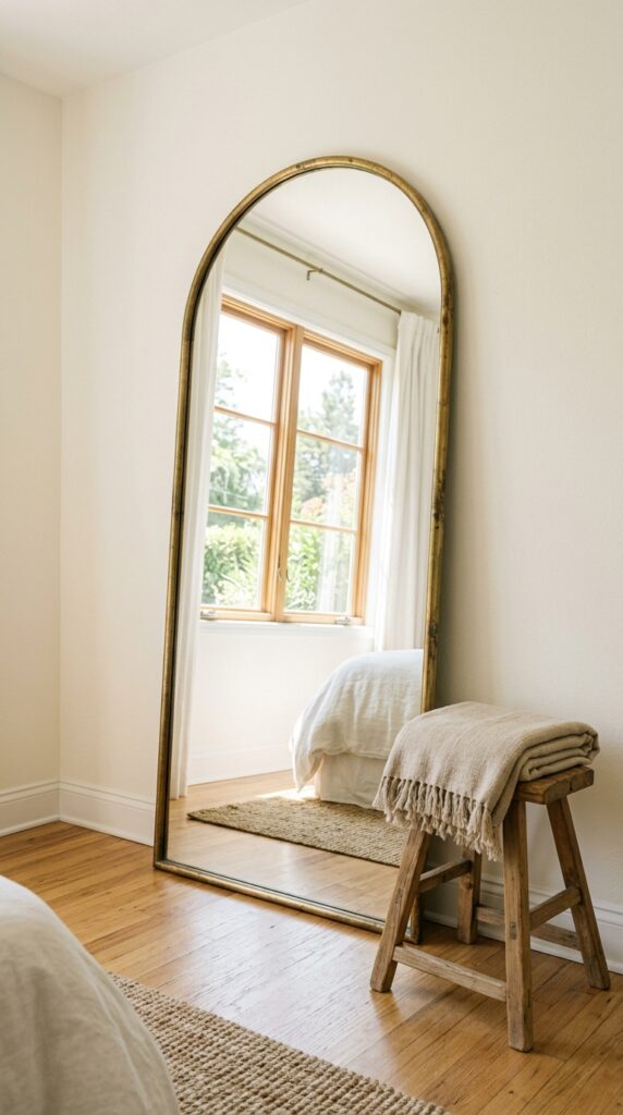 014 a bedroom corner with a tall oversized arched mirr