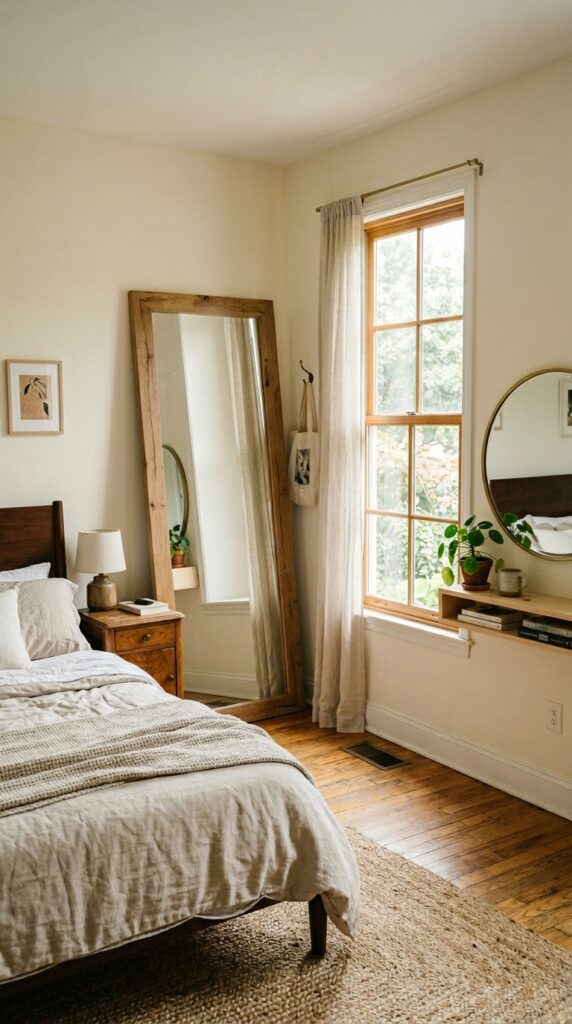 014 a bedroom featuring a large wooden framed mirror l