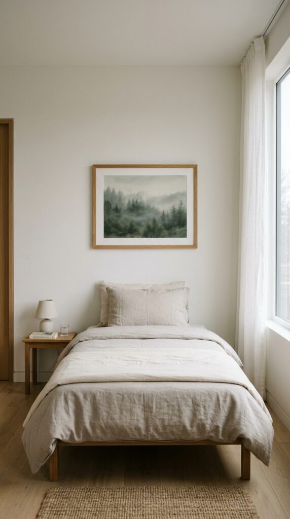 014 image prompt a bedroom with a single framed landsc