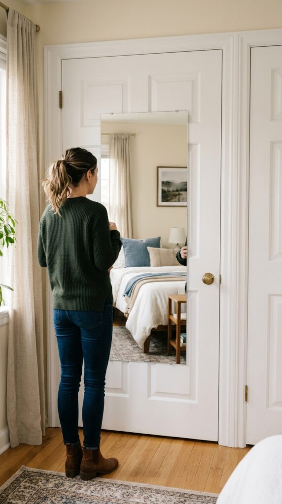 25 Guest Bedroom Ideas That Feel Welcoming And Practical 014 image prompt a full length mirror mounted on the b