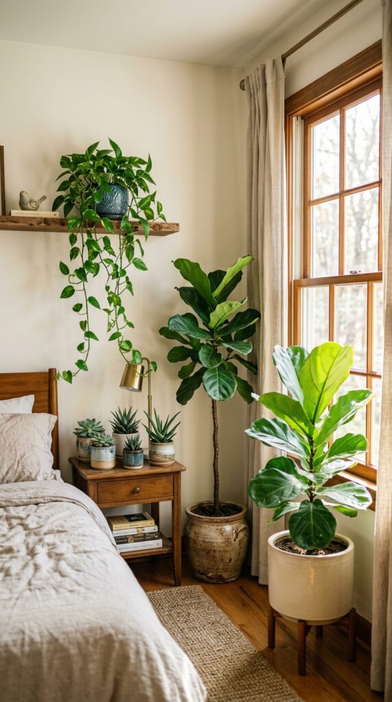015 a bedroom corner with several plants in ceramic po