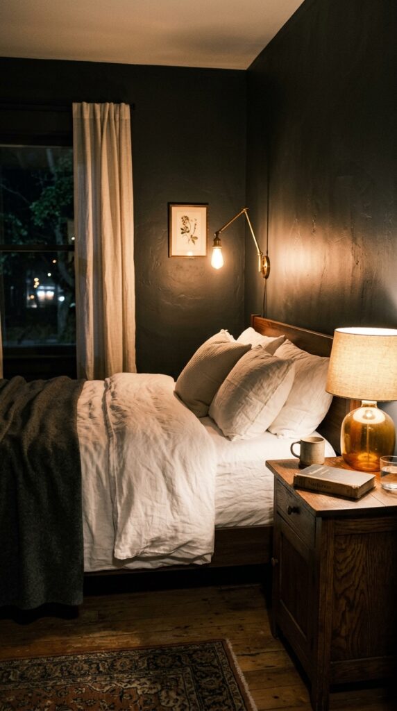 015 a bedroom with deep charcoal or forest green walls