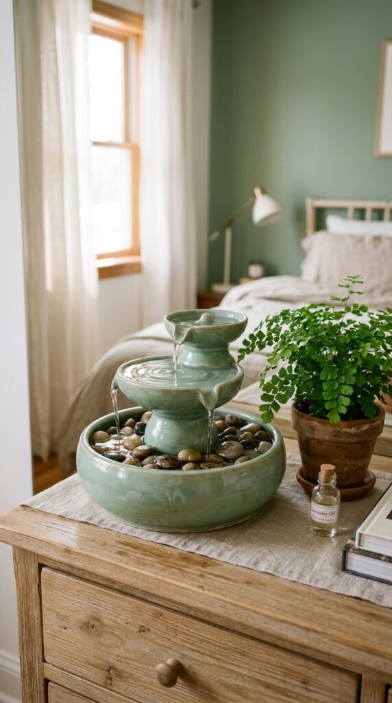 015 image prompt a small tabletop fountain on a dresse