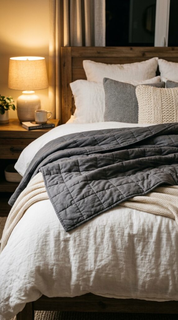 016 a bed styled with layers including a weighted blan