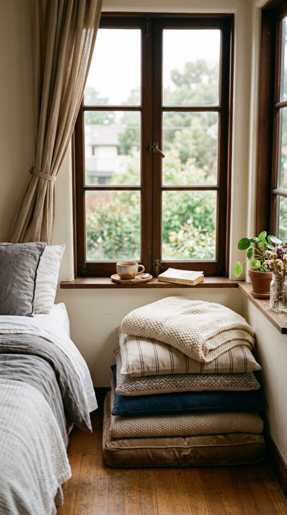 016 image prompt a bedroom with a window that has a lo