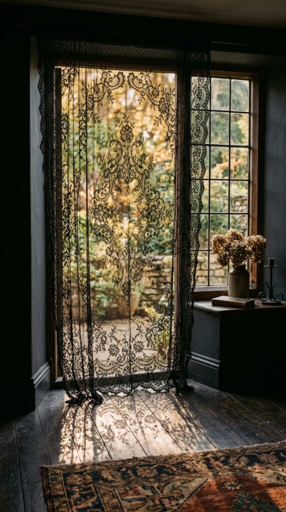 016 image prompt a window with a black lace curtain th