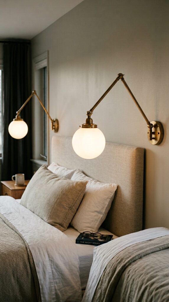 017 a close up shot of two brass swing arm wall sconce