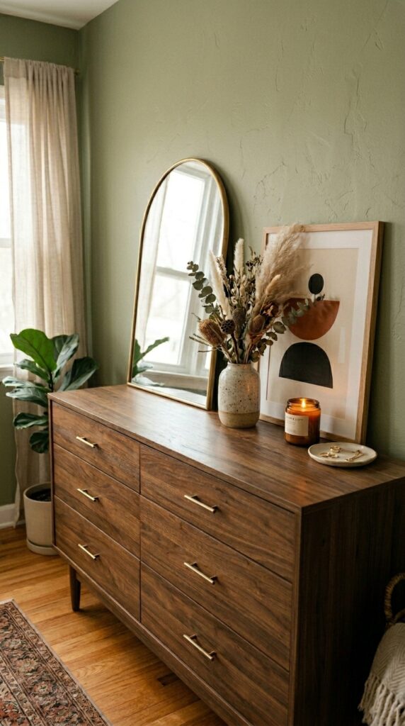 017 a low wooden dresser styled as a focal point wall 