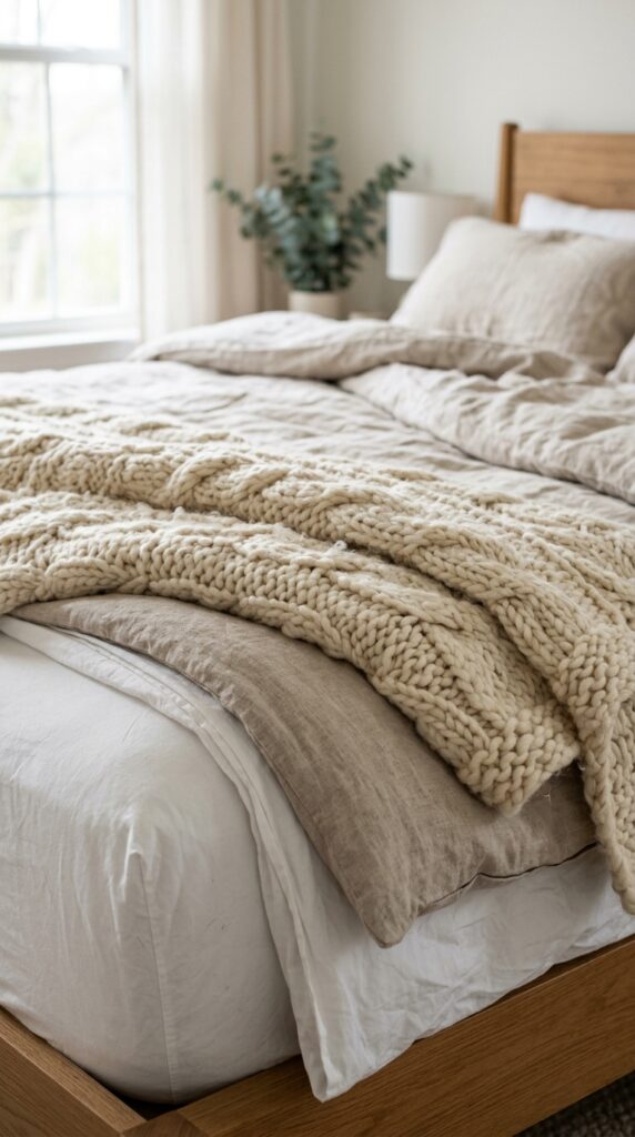 018 a close up styled shot of a chunky cream knit thro