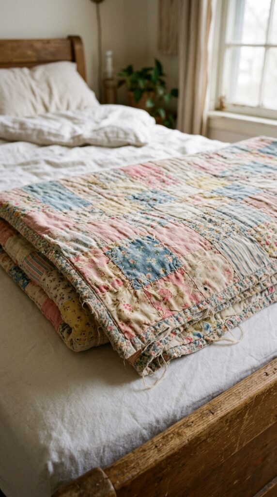 018 image prompt a bed with a vintage quilt in faded p