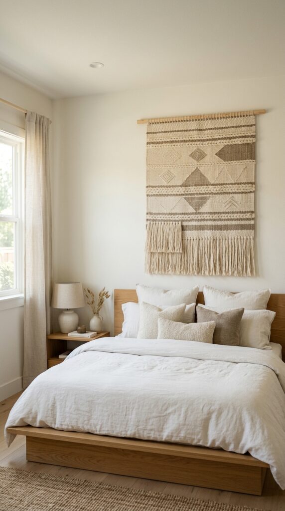 019 a bedroom wall featuring a large hand woven textil