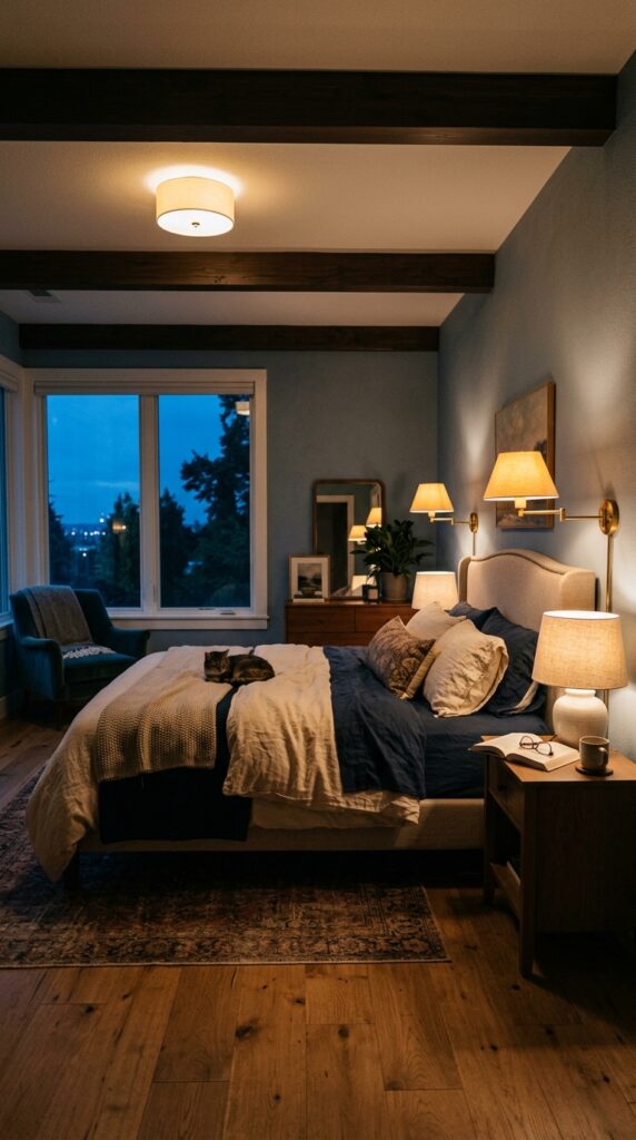 020 a bedroom at dusk with multiple light sources all 
