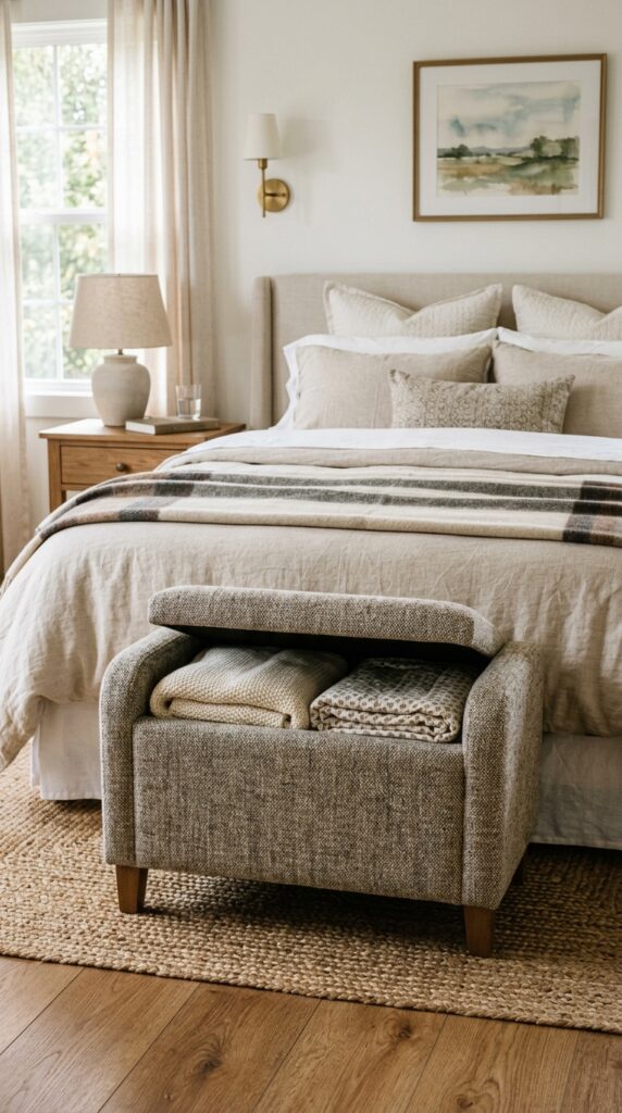 25 Guest Bedroom Ideas That Feel Welcoming And Practical 020 image prompt a small upholstered ottoman at the fo