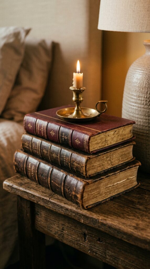 020 image prompt a stack of three leather bound books 