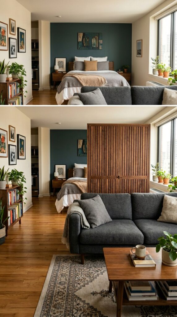 020 image prompt a studio apartment where a tall headb