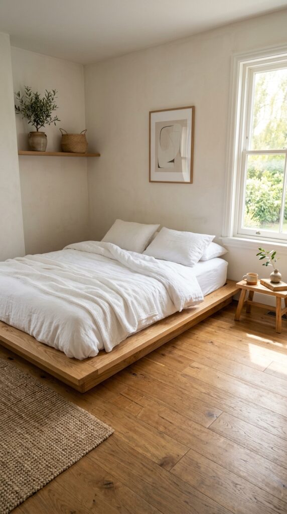 021 a low platform bed photographed in a minimal bedro