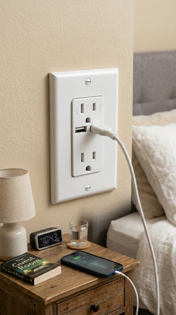 25 Guest Bedroom Ideas That Feel Welcoming And Practical 021 image prompt a wall outlet in a guest bedroom with