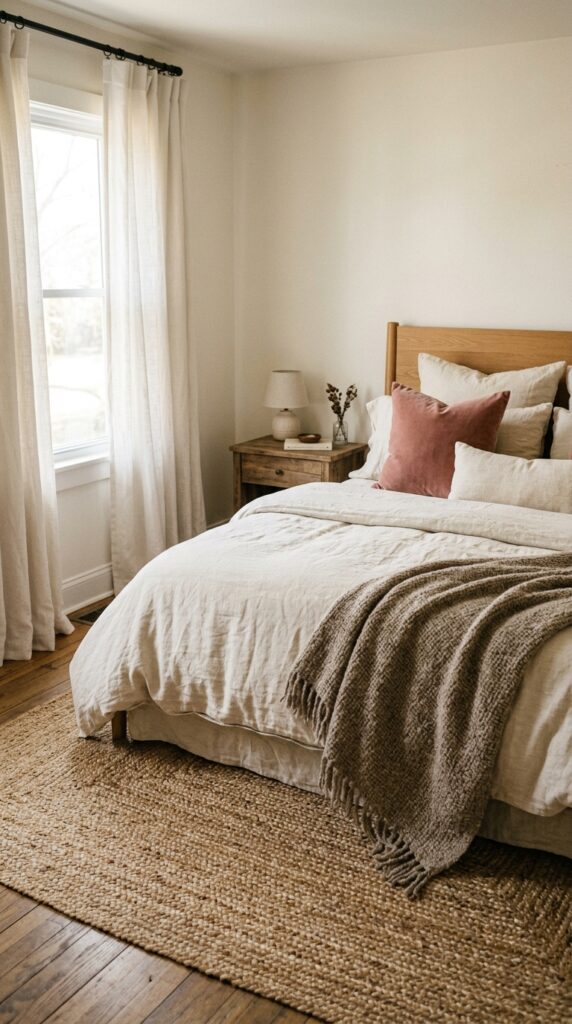 022 a bedroom styled with complementary but varied fab