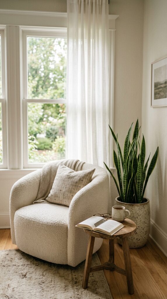 022 a bedroom window corner featuring a curved boucle 