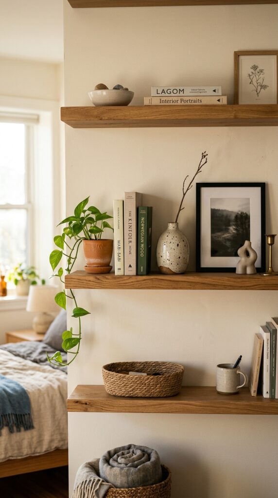 022 a set of floating wooden shelves photographed in a