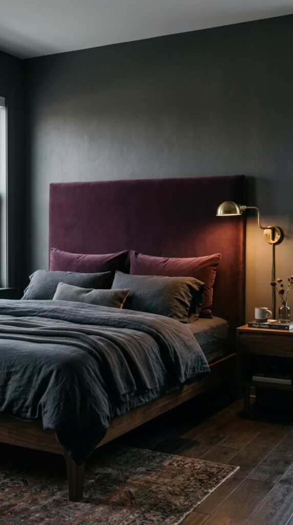 022 image prompt a bed with a tall velvet headboard in