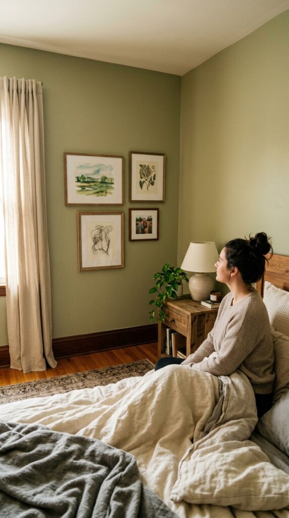 022 image prompt a bedroom with art hung lower than st