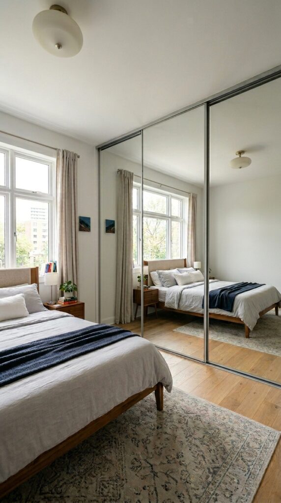 022 image prompt a bedroom with sliding mirrored close