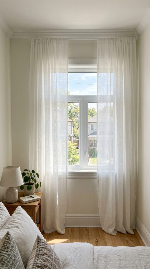 022 image prompt a small bedroom window with sheer whi